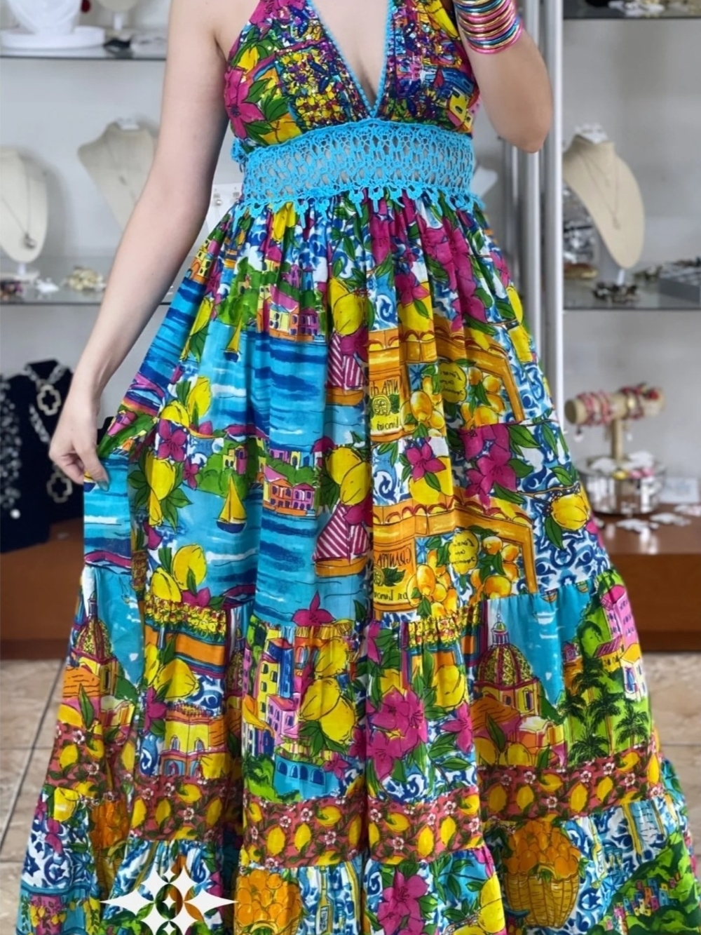 Antica Sartoria Halter Top Lemons The Sea & Flowers Maxi